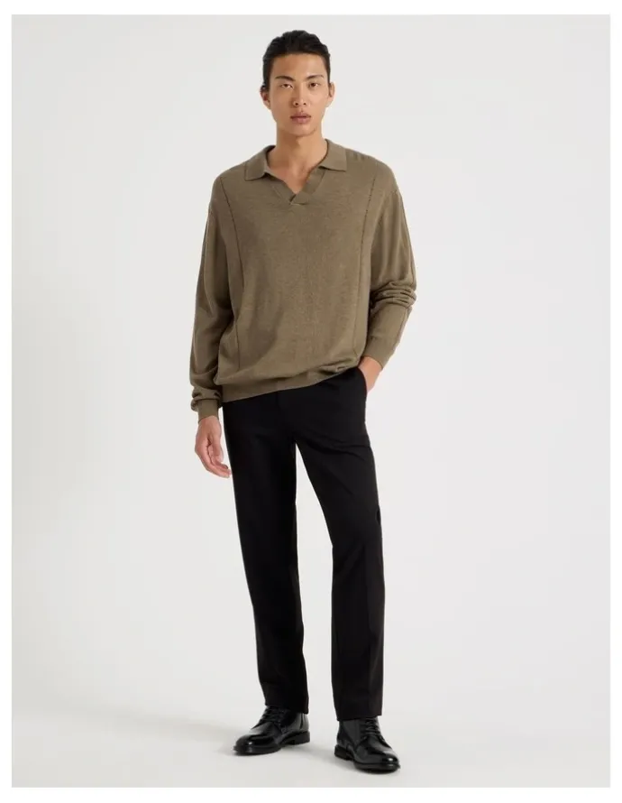 Blaq Johnny Collar Long Sleeve Knit Polo in Beige
