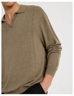 Blaq Johnny Collar Long Sleeve Knit Polo in Beige