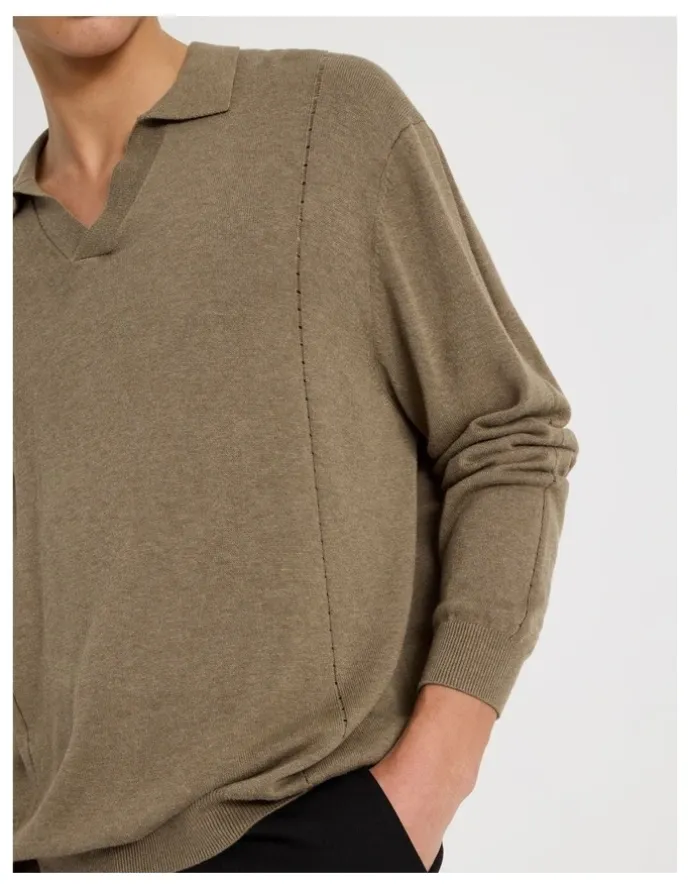 Blaq Johnny Collar Long Sleeve Knit Polo in Beige