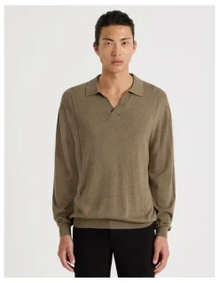 Blaq Johnny Collar Long Sleeve Knit Polo in Beige