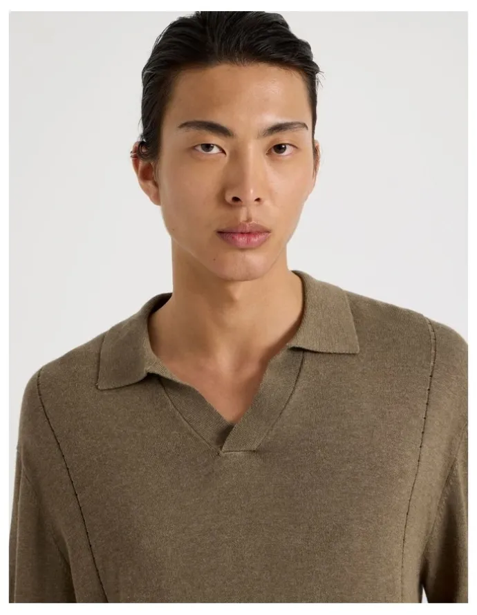 Blaq Johnny Collar Long Sleeve Knit Polo in Beige
