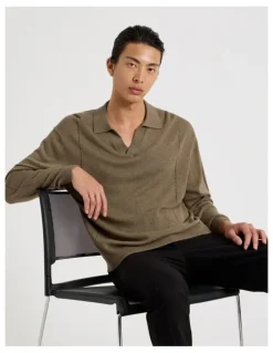 Blaq Johnny Collar Long Sleeve Knit Polo in Beige