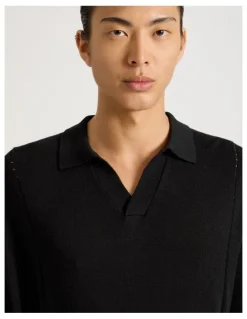 Blaq Johnny Collar Long Sleeve Knit Polo in Black
