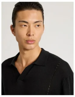 Blaq Johnny Collar Long Sleeve Knit Polo in Black