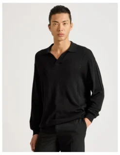 Blaq Johnny Collar Long Sleeve Knit Polo in Black