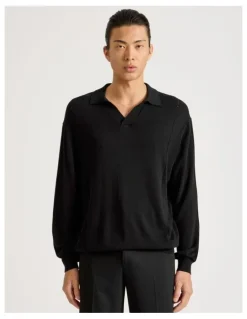 Blaq Johnny Collar Long Sleeve Knit Polo in Black