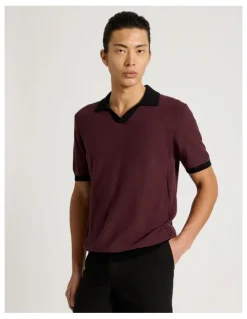 Blaq Johnny Collar Short Sleeve Knit Polo in Burgundy