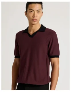 Blaq Johnny Collar Short Sleeve Knit Polo in Burgundy