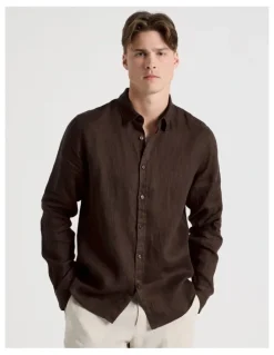 Blaq Linen Long Sleeve Shirt in Chocolate