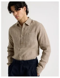 Blaq Linen Stripe Long Sleeve Shirt in Chocolate