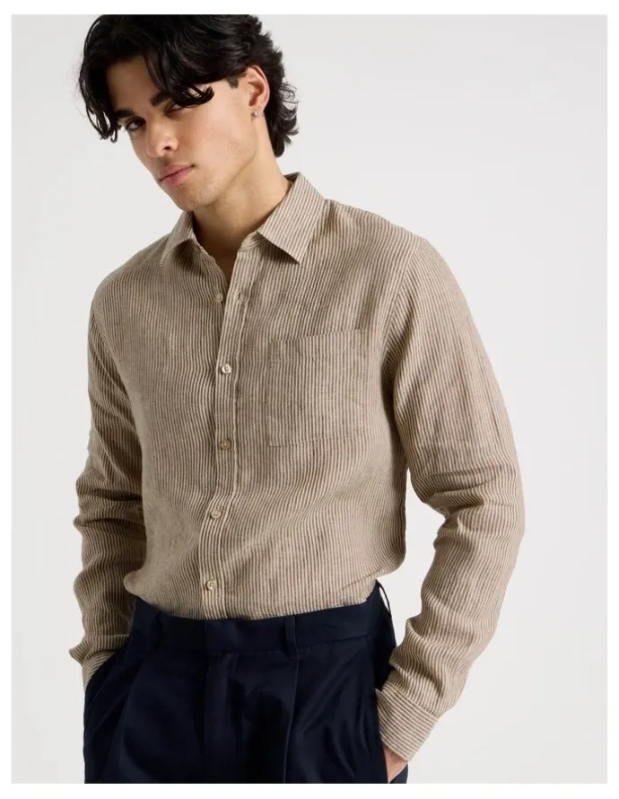 Blaq Linen Stripe Long Sleeve Shirt in Chocolate