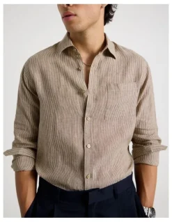 Blaq Linen Stripe Long Sleeve Shirt in Chocolate