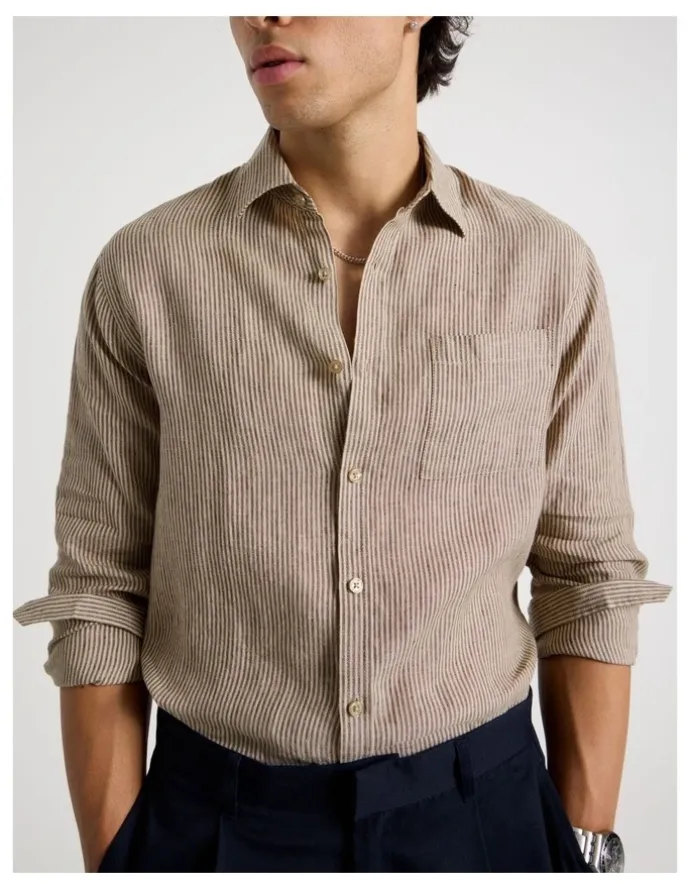 Blaq Linen Stripe Long Sleeve Shirt in Chocolate