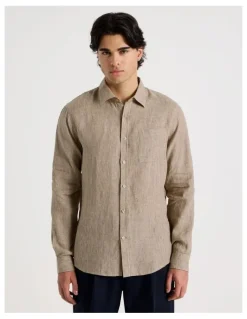 Blaq Linen Stripe Long Sleeve Shirt in Chocolate