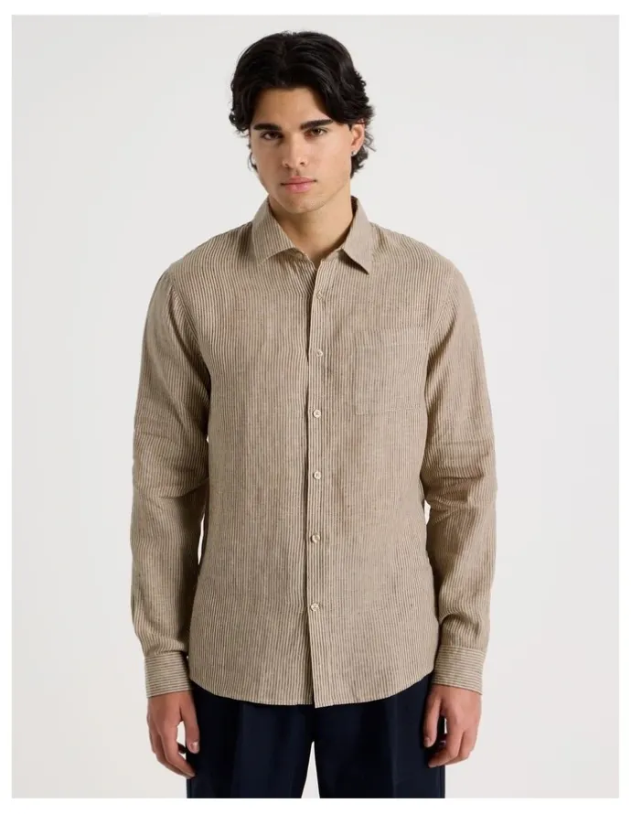Blaq Linen Stripe Long Sleeve Shirt in Chocolate