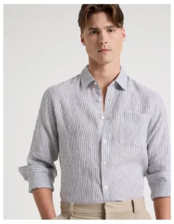 Blaq Linen Stripe Long Sleeve Shirt in Khaki