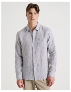 Blaq Linen Stripe Long Sleeve Shirt in Khaki