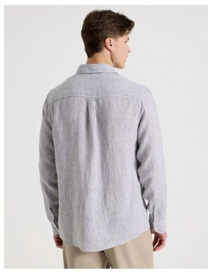 Blaq Linen Stripe Long Sleeve Shirt in Khaki
