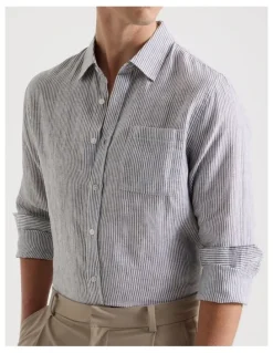Blaq Linen Stripe Long Sleeve Shirt in Khaki