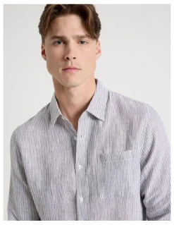 Blaq Linen Stripe Long Sleeve Shirt in Khaki