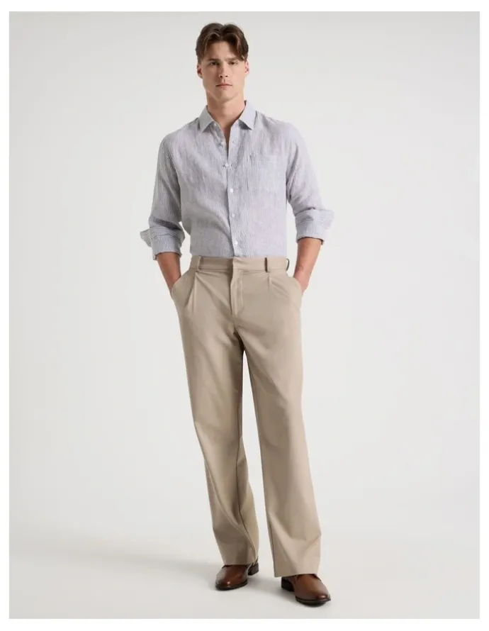 Blaq Linen Stripe Long Sleeve Shirt in Khaki