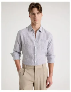 Blaq Linen Stripe Long Sleeve Shirt in Khaki