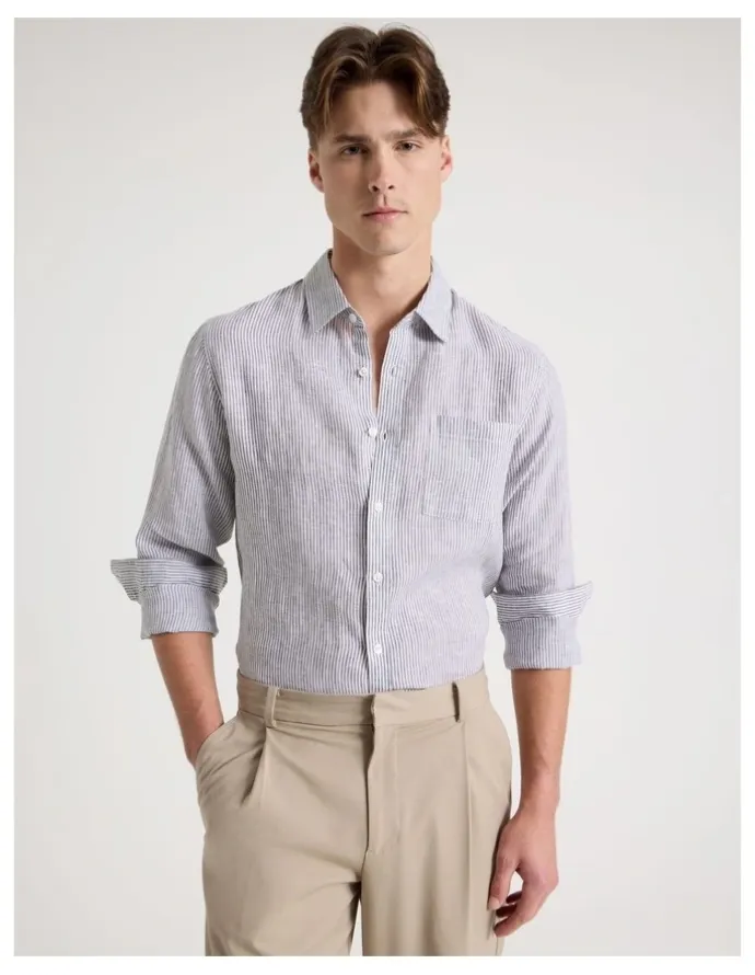 Blaq Linen Stripe Long Sleeve Shirt in Khaki