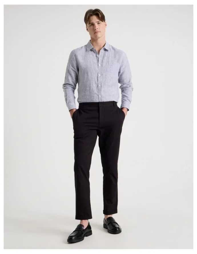 Blaq Linen Stripe Long Sleeve Shirt in Navy