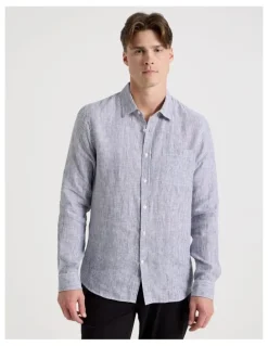 Blaq Linen Stripe Long Sleeve Shirt in Navy