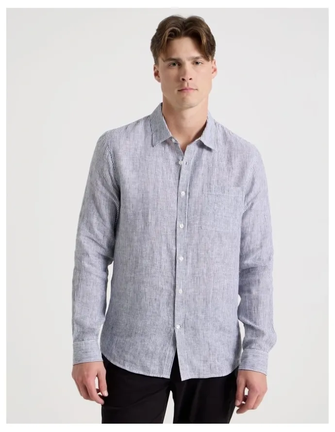 Blaq Linen Stripe Long Sleeve Shirt in Navy