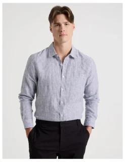 Blaq Linen Stripe Long Sleeve Shirt in Navy
