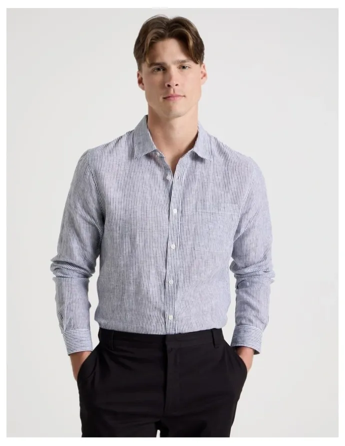 Blaq Linen Stripe Long Sleeve Shirt in Navy