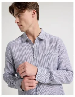 Blaq Linen Stripe Long Sleeve Shirt in Navy