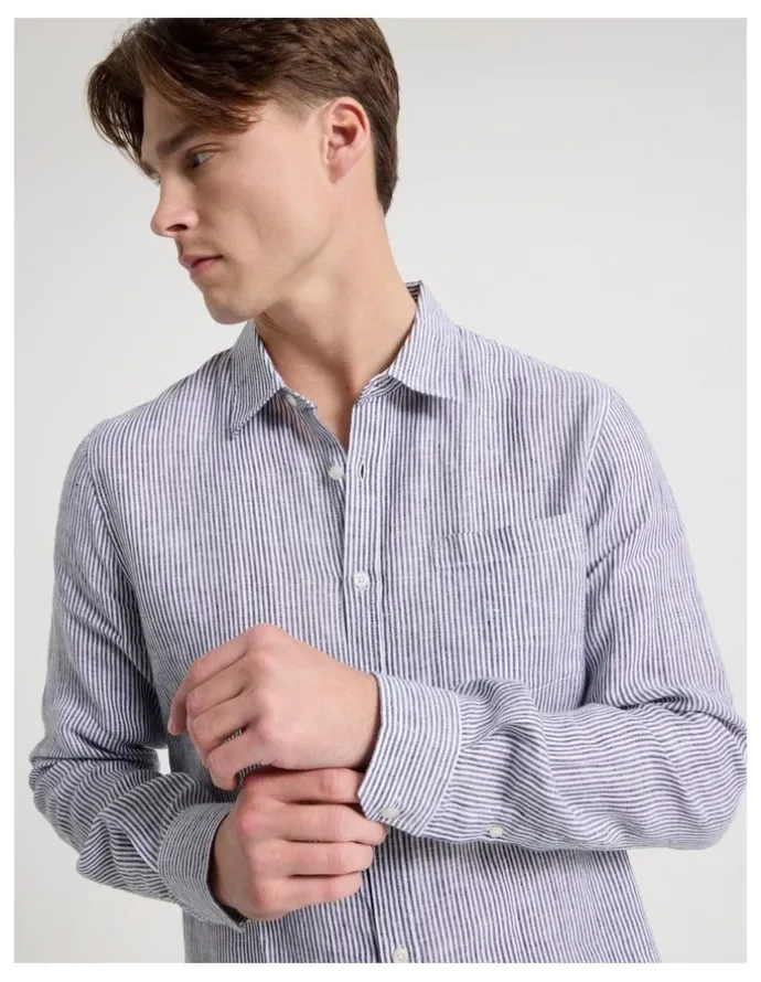 Blaq Linen Stripe Long Sleeve Shirt in Navy