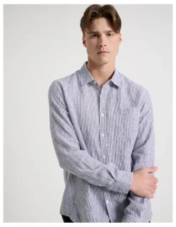 Blaq Linen Stripe Long Sleeve Shirt in Navy
