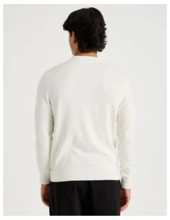 Blaq Long Sleeve 1/4 Zip Cotton/Wool Knit Polo in Ecru
