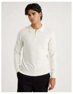 Blaq Long Sleeve 1/4 Zip Cotton/Wool Knit Polo in Ecru