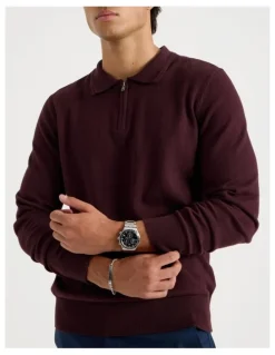 Blaq Long Sleeve 1/4 Zip Knit Polo in Burgundy