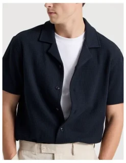 Blaq Relaxed Fit Textured Resort Collar Short Sleeve Shirt in Navy