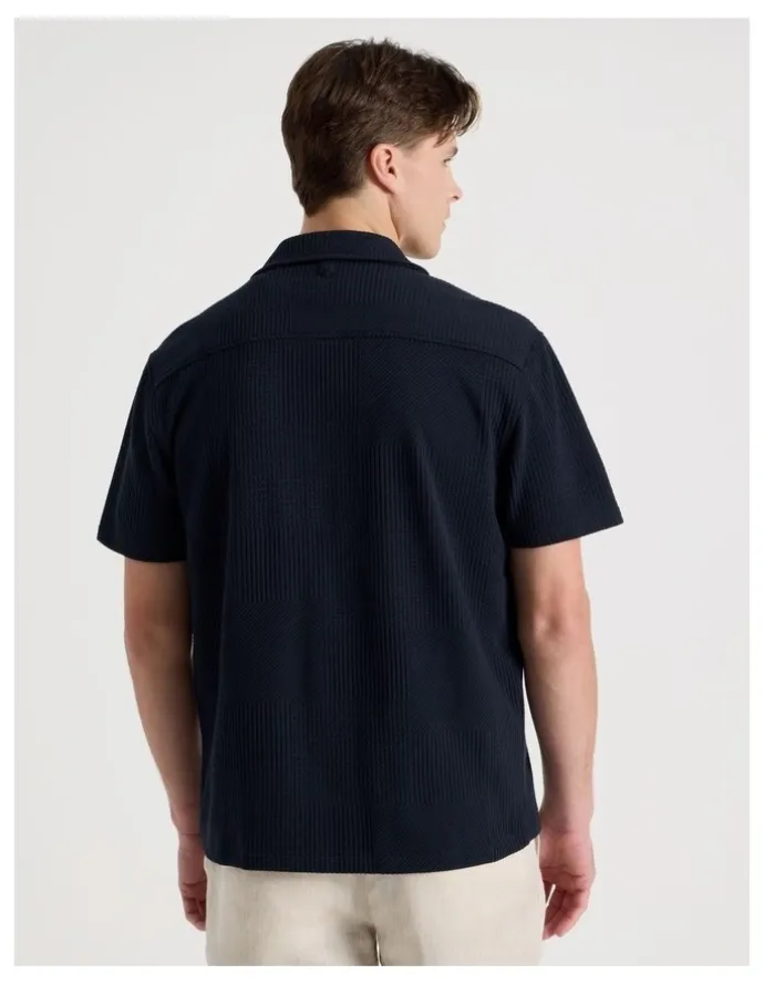 Blaq Relaxed Fit Textured Resort Collar Short Sleeve Shirt in Navy