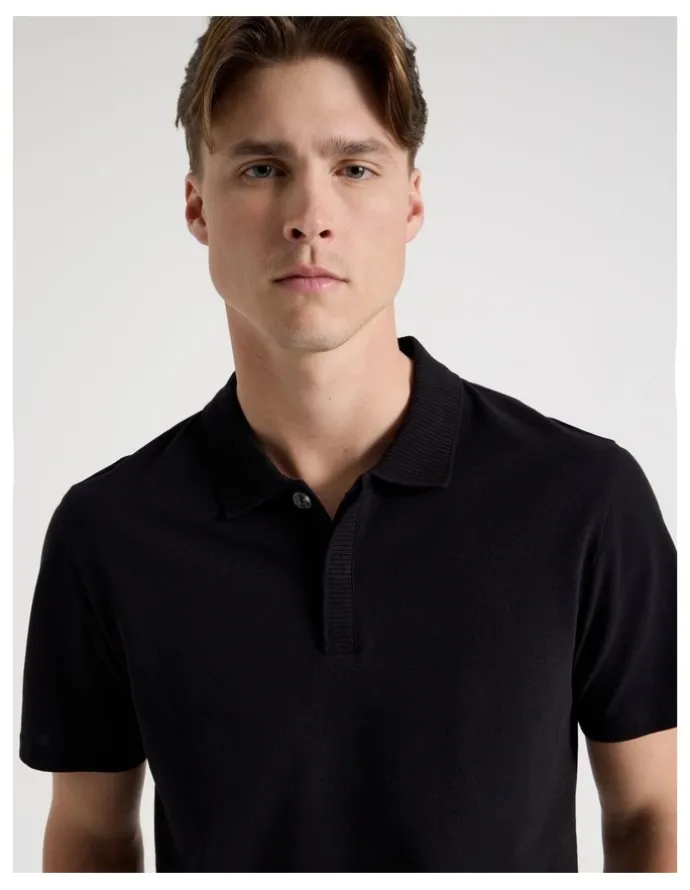 Blaq Rib Knit Collar Short Sleeve Polo in Black