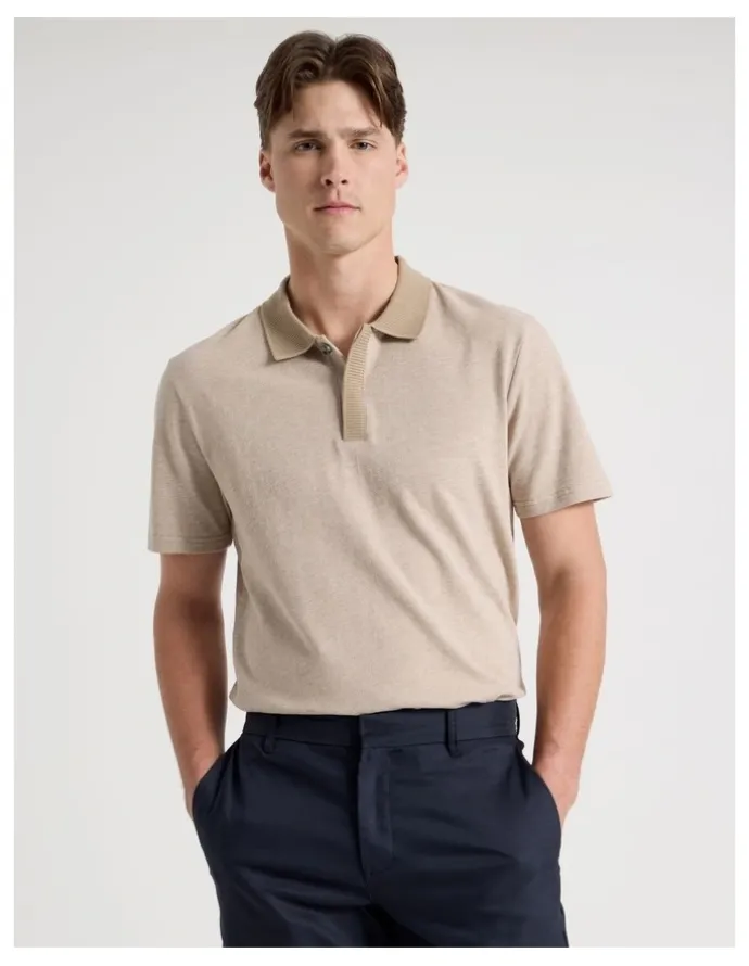 Blaq Rib Knit Collar Short Sleeve Polo in Sand
