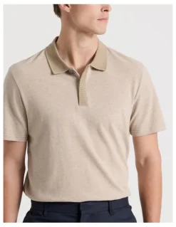 Blaq Rib Knit Collar Short Sleeve Polo in Sand