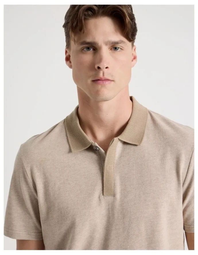 Blaq Rib Knit Collar Short Sleeve Polo in Sand