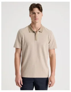 Blaq Rib Knit Collar Short Sleeve Polo in Sand