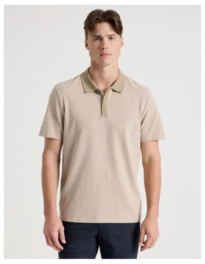 Blaq Rib Knit Collar Short Sleeve Polo in Sand