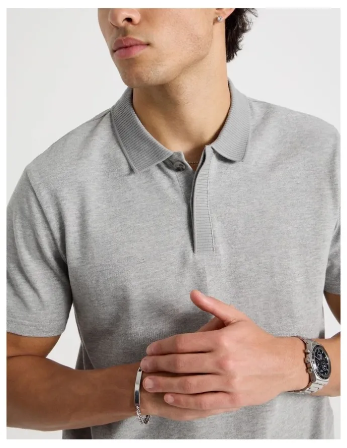 Blaq Rib Knit Collar Short Sleeve Polo in Light Grey