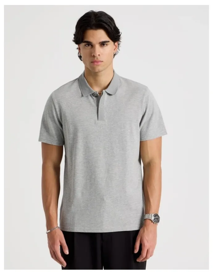 Blaq Rib Knit Collar Short Sleeve Polo in Light Grey