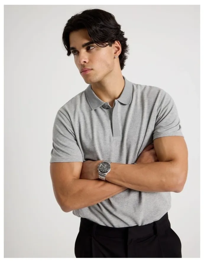 Blaq Rib Knit Collar Short Sleeve Polo in Light Grey