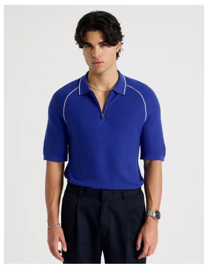 Blaq Seam Detail Zip Polo in Cobalt